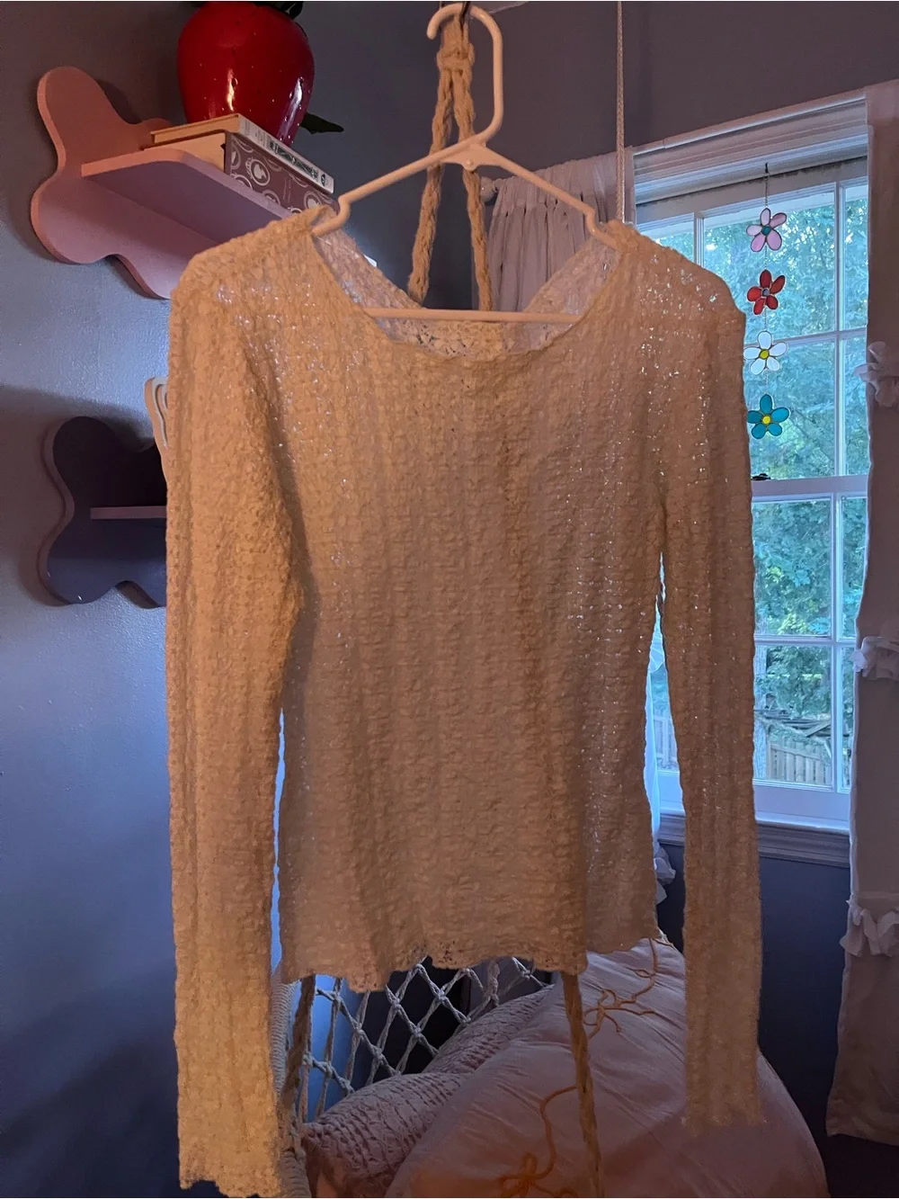 Free People Cream Open-Knit Long Sleeve Top
